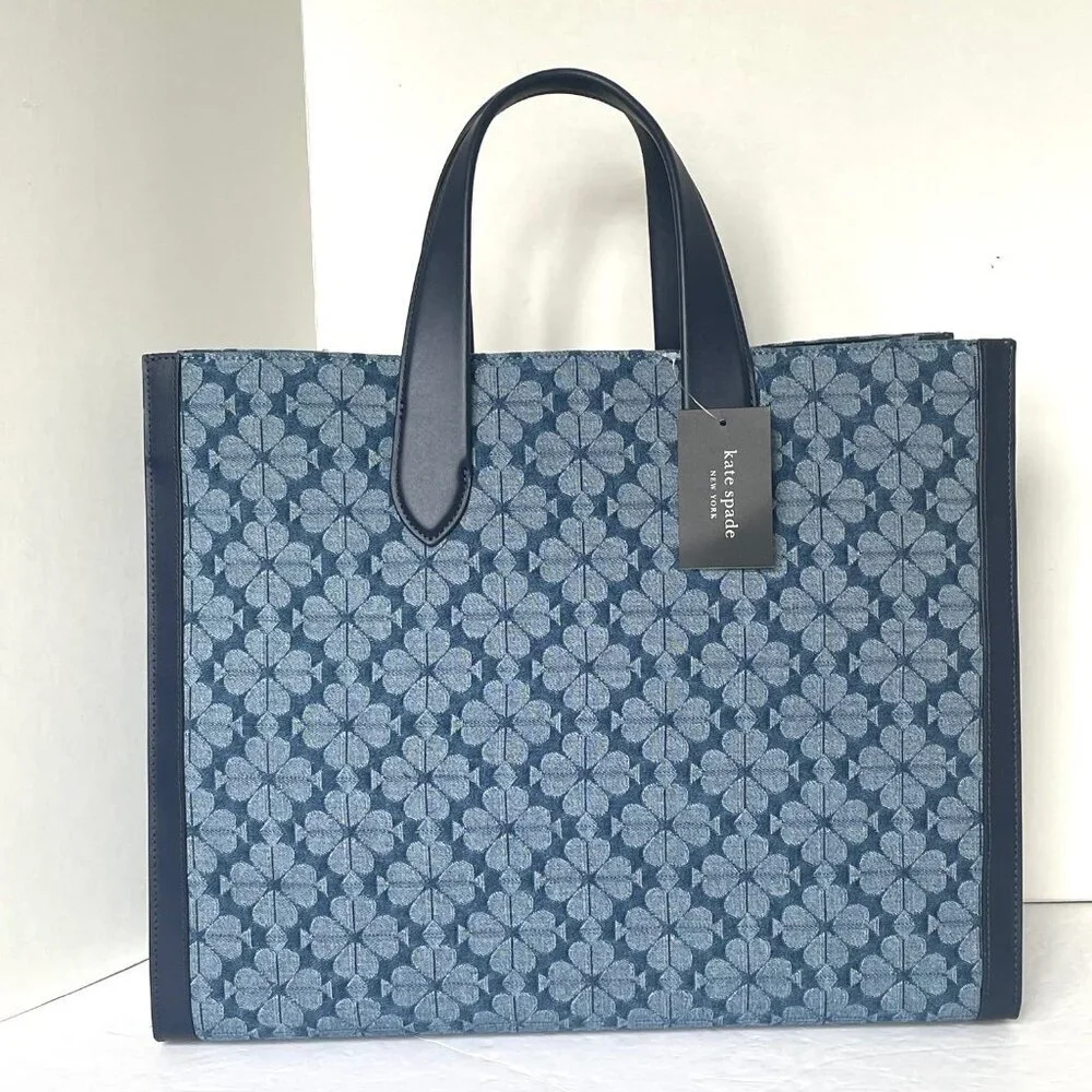 Kate Spade Jacquard Denim Large Manhattan Tote Bag Blue Flower Shoulder Strap - Picture 2 of 13